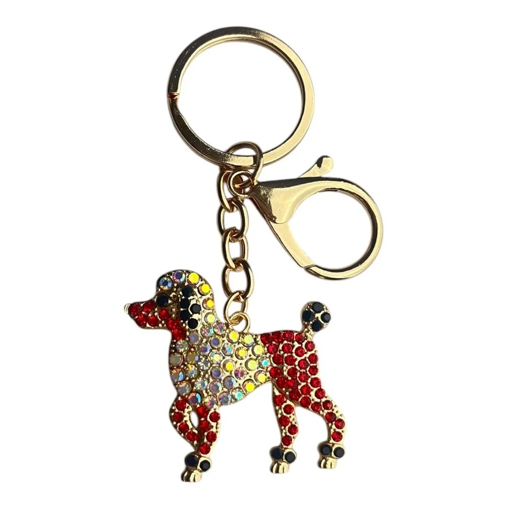Women's Poodle Dog Key Chain Gold Red Blue Crystal Rhinestone Charm 4